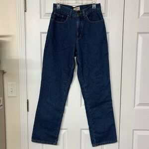 L. L. Bean Relaxed Original Fit Navy Teal Plaid Flannel Lined Denim Jeans 8 Tall